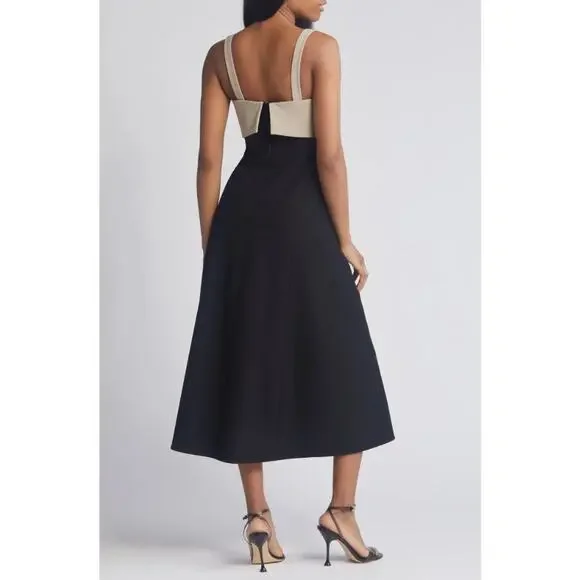 Rue Sophie Aurelia Colorblock Midi Dress Taupe Black Size Medium NWT Chic Dressy